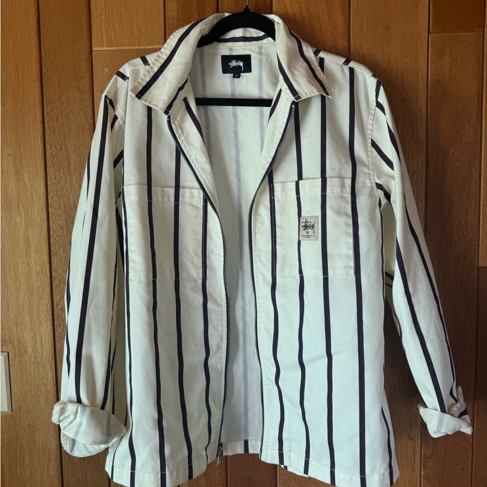 Stussy Cream Jacket with Black and Red Pinstripes